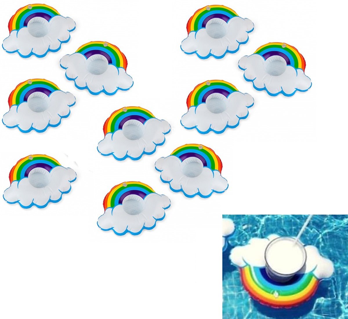 Gift pack 10x inflatable cup holder regenboog wolk  | opblaasbare blikjeshouder | blikje houder zwembad | drankje flesje beker houder opblaasbaar